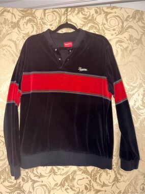 Supreme Black Velvet Crewneck Sweater with Red Chest Stripe